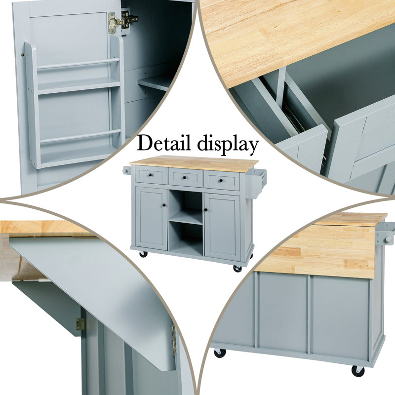 kitchen Cart with Rubber wood Drop-Leaf Countertop in Blue｜Cabinet door internal storage racks｜Smooth Rolling & Lockable Wheels ｜ Storage Cabinet and 3 Drawers for Dinning Room