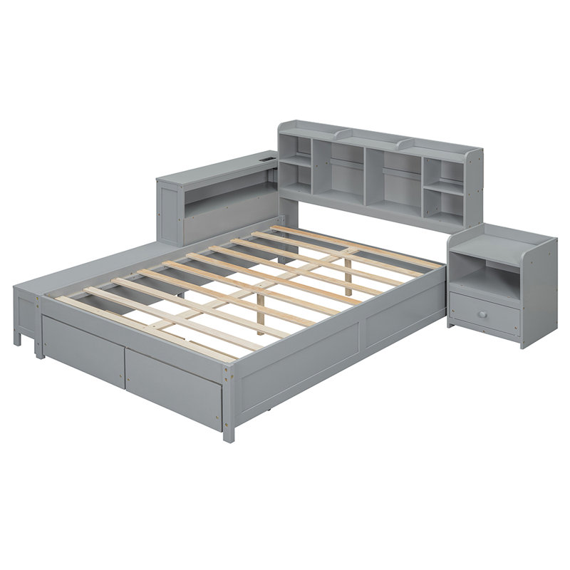 Wooden platform bed with Multi-functional Storage Space Nightstand and 2 Drawers, Grey