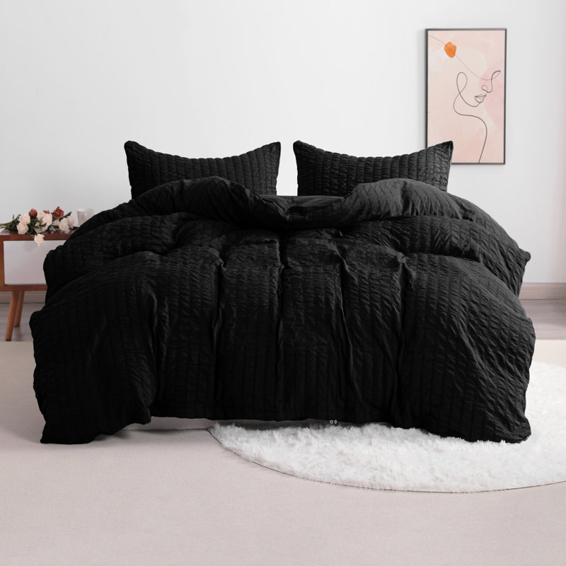 3 Pieces Duvet Cover Set, Stripe Washed Microfiber Comforter Cover with Zipper Closure - NTBAY, Black