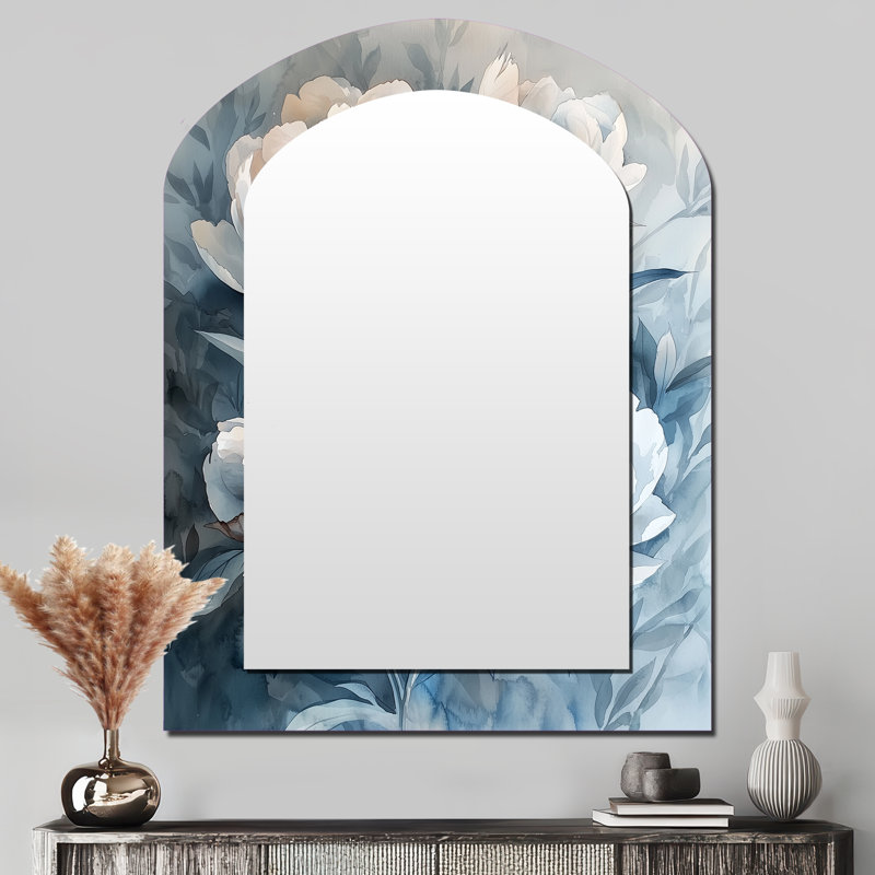 Minimalisme ombre pivoines fleurs I - grand miroir mural asymétrique pivoines, miroir décoratif blanc à forme libre, impression d'art en métal
