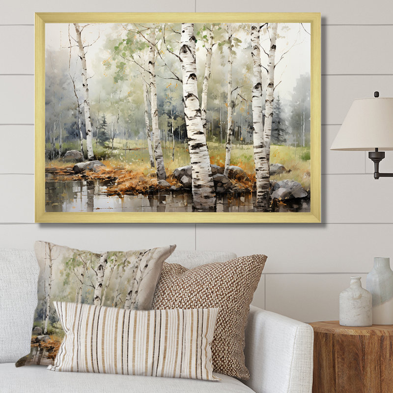 «Green Birch Wood Beauty I - Tree Birch», reproduction sur toile encadrée, H 16 po x l 32 po x P 1 po, Cadre doré simple
