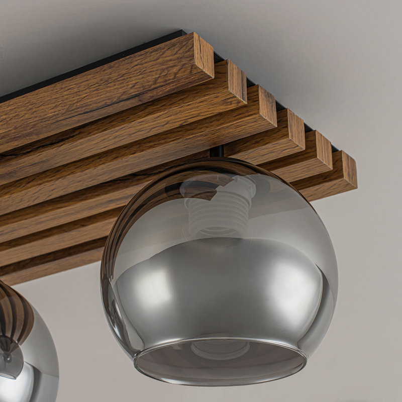 Plafonnier encastré en bois 3 lumières avec globe en verre gris fumée