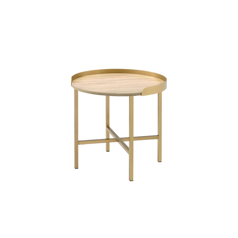Table de bout ronde moderne avec plateau en chêne et base en métal doré Mithea