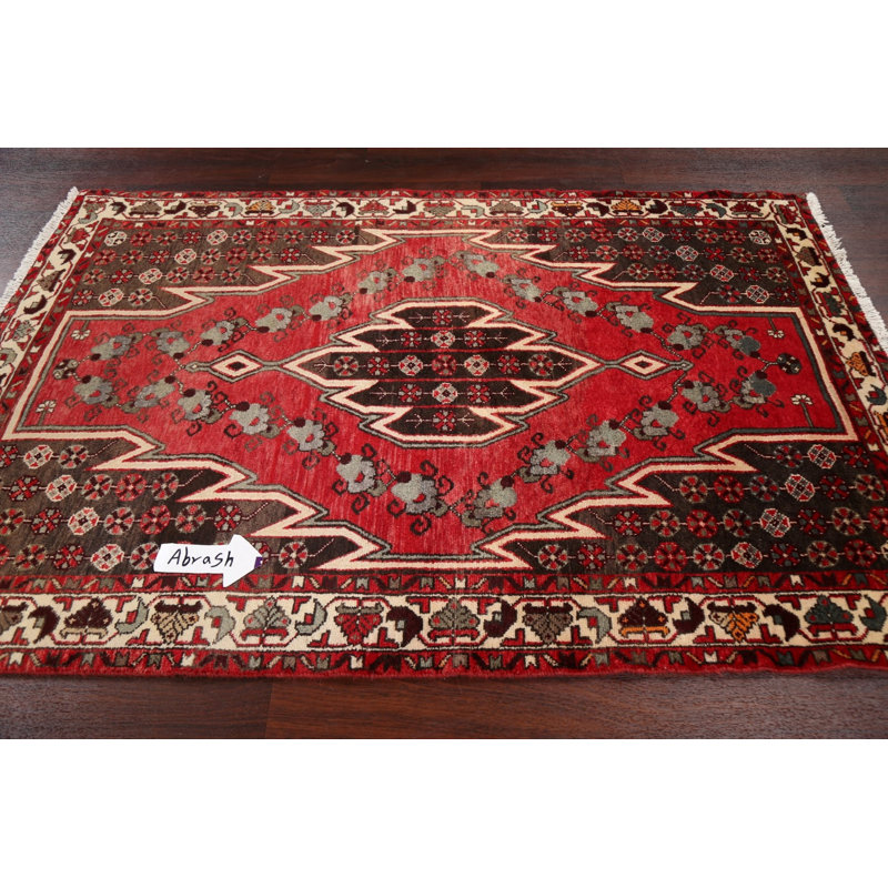 Tapis rouge / beige en laine noué à la main de conception unique des années 1970 de 4 pi 4 po x 6 pi 7 po Kennedee