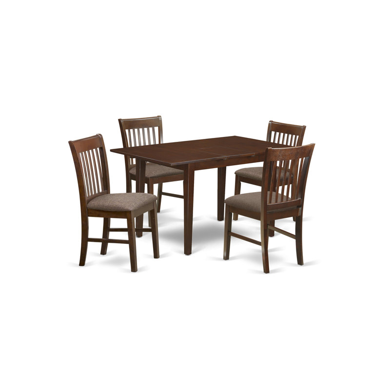 5 Piece Kitchen Table & Chairs Set Includes a Rectangle Dining Table with Butterfly Leaf and 4 Linen Fabric Dining Room Chairs, Mahogany