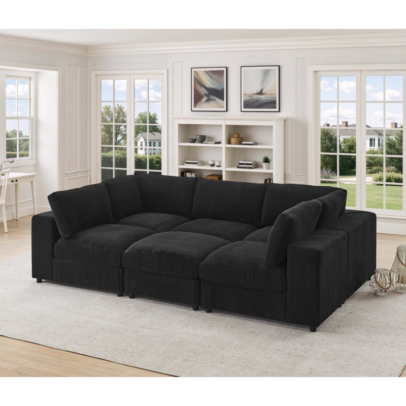 Canapé modulaire de coin avec repose-pieds 108,5 po Arregui, Velours côtelé noir