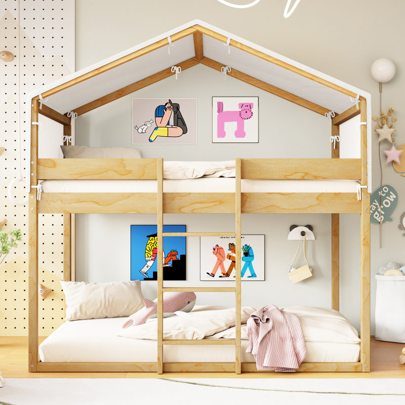 Lit simple superposé en bois avec tente, Brun
