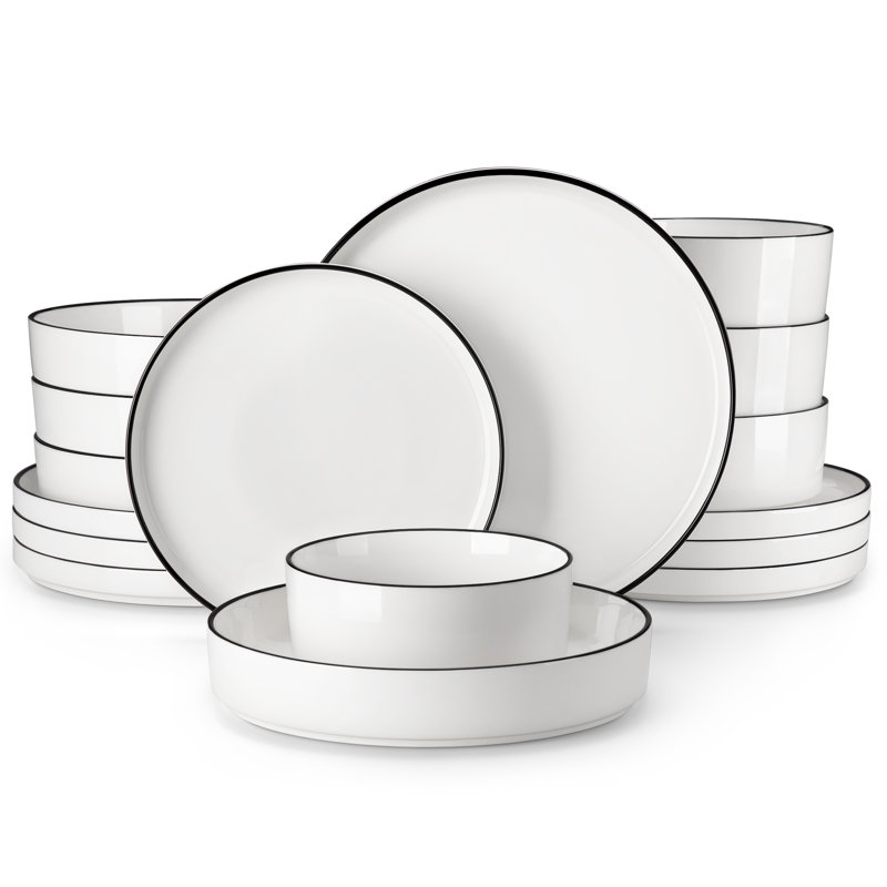 Piece Porcelain China Dinnerware Set - Service for 4, Black/White