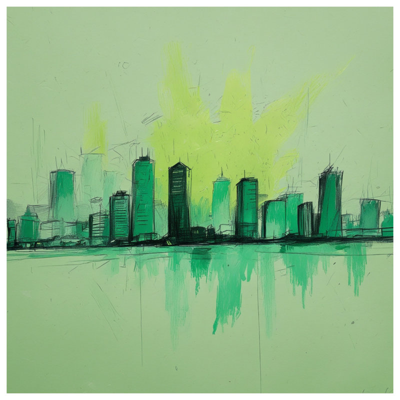 Tapisserie murale verte «Cityscape Illustration» - décoration murale paysage urbain, 68 po H x 80 po L avec 4 œillets