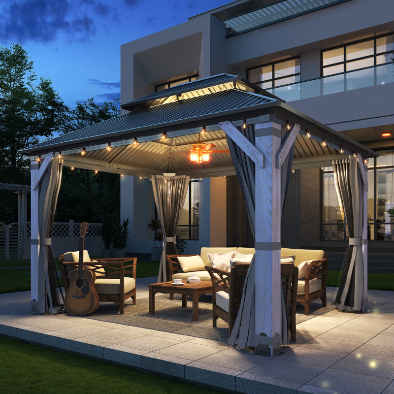 10 ft. W x 12 ft. D Outdoor Wood Gazebo, Hardtop Gazebo Permanent Cedar Wooden Gazebo with Galvanized Steel Double Roof