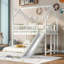 Lit superposé simple au dessus d'une maison double avec glissière et échelle intégrée, structure en bois massif, blanc-120034349