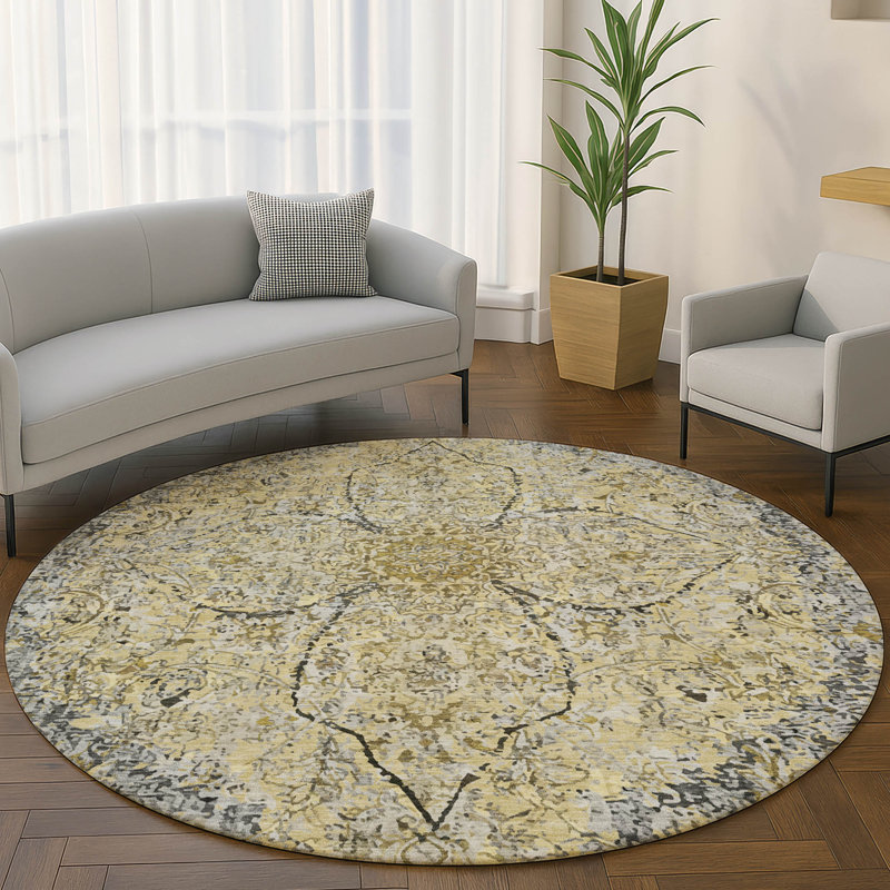 Premium Machine Washable Mayfield AMF2136 global Rug, Pewter, 8' Round