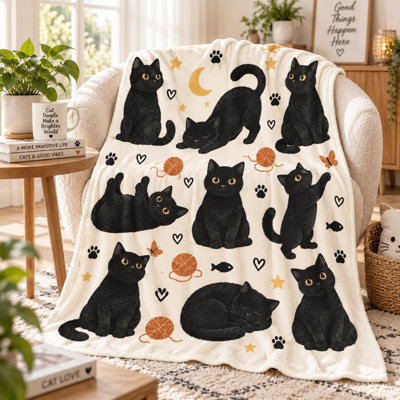Playful Black Cat Flannel Blanket, Yarn Ball Paw Print Fish Butterfly Moon and Star Pattern Throw for Couch Sofa Bed Reading Chair, Everyday Accent, 50 x 60 in