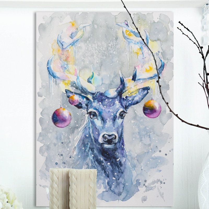 «Cute Deer with Bells», reproduction de peinture à l'huile sur toile tendue, H 20 po x l 12 po x P 1po