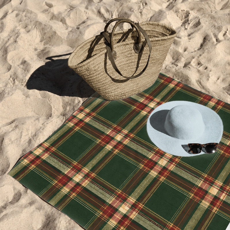 1Pcs Classic Plaid Beach Towel, Featuring a Timeless Red and Green Checkered Pattern. Large Microfiber for Pool, Travel, Camping, Unisex Style.