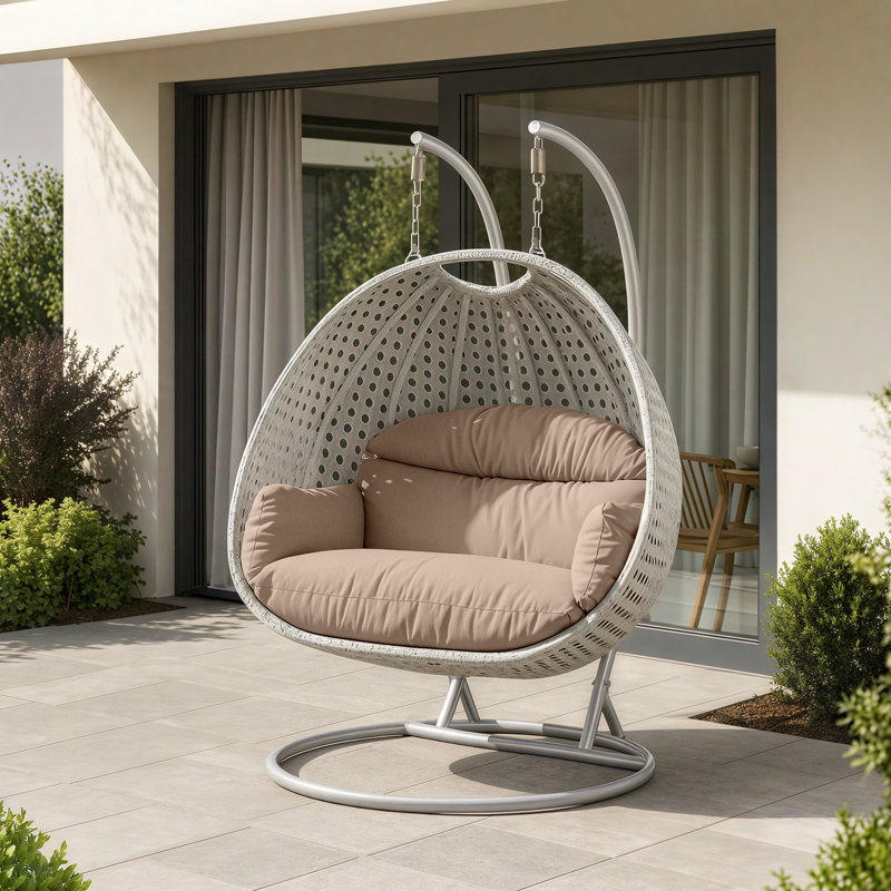 Fauteuil d'œuf d'extérieur en osier pour 2 personnes avec support et coussins Mendoza - Double balancelle suspendue résistante aux rayons UV pour patio et jardin