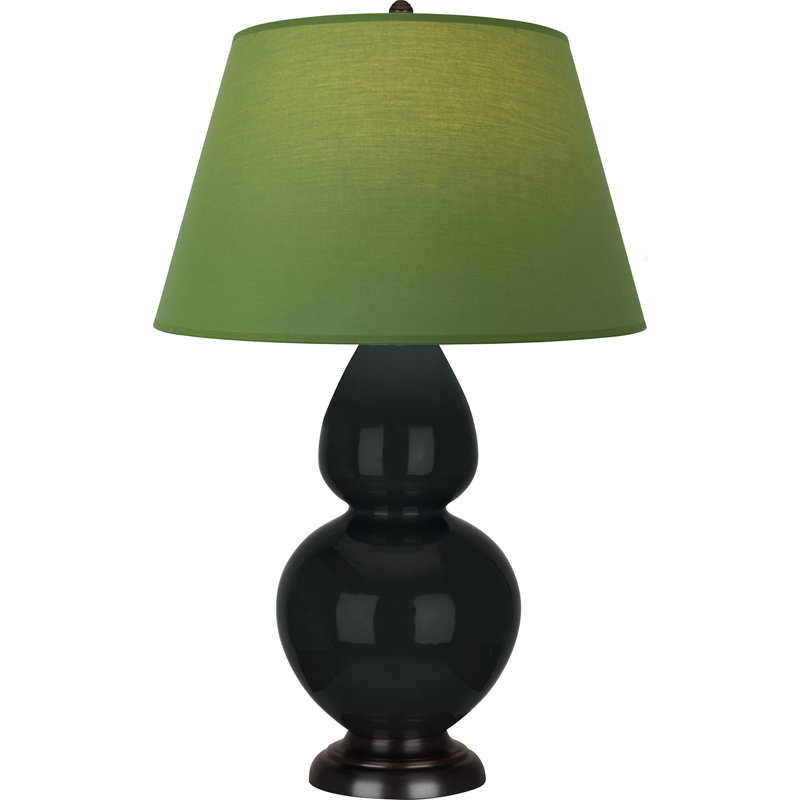 Lampe de table double gourde en céramique, Thé vert / taupe, Obsidienne vernie / bronze, Bronze
