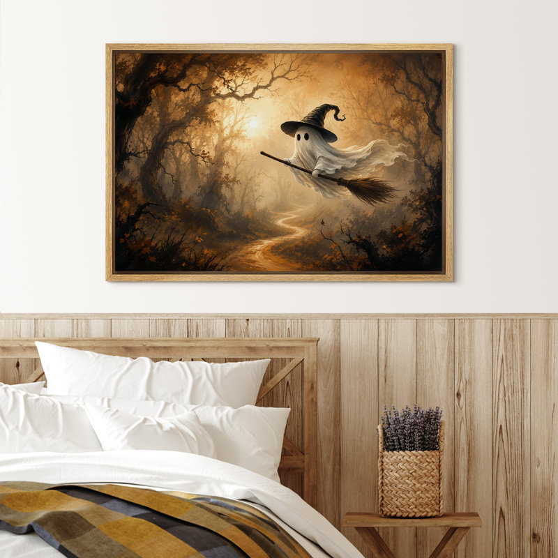 «Halloween Ghost Witch Hat Flying Forest Fantasy», art mural, impression sur toile, H 16 po x l 24 po, Naturel