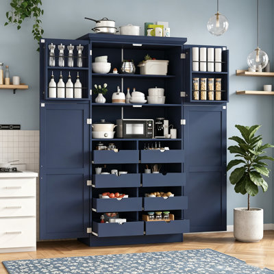 Freestanding Kitchen Pantry Cabinet, Tall Storage Cabinet With 4 Doors, 2 Door Shelves, 8 Pull-Out Trays And Adjustable Shelf For Dining Room