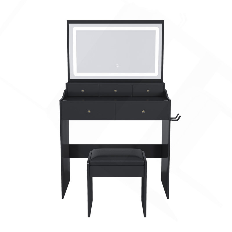 New Large Mirror Vanity Desk For Bed Room, Modern Makeup Vanity Set With Power Outlet And Hair Dryer Holder, 5 Drawers, 3 Lighting Color Adjustable Dressing Table For Bedroom, Black Color