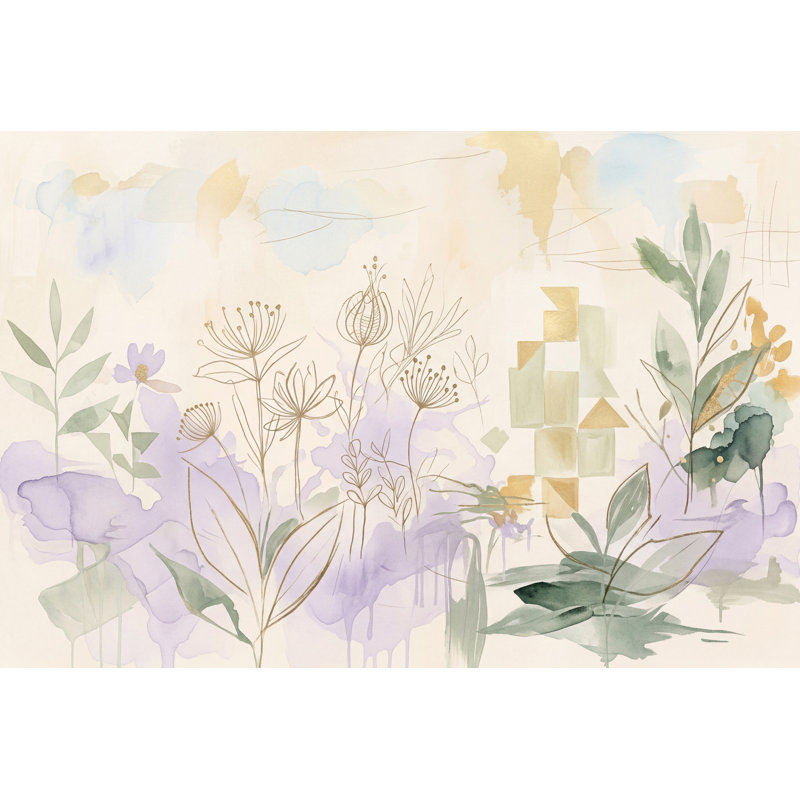 Murale vert en sourdine, aquarelle et fleurs sauvages, 200 po x 120 po, Non tissé