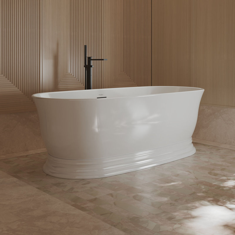 Baignoire autoportante MonBlari 71 po x 31,5 po en acrylique blanc avec trop-plein et bonde rétractable pour salle de bain