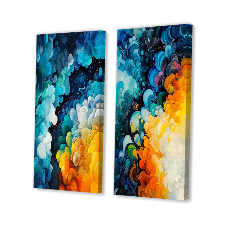 «Colorful Lyrical Abstraction Dream Fragments I», art mural abstrait 2 pièces, H 28 po x l 25 po, Toile tendue