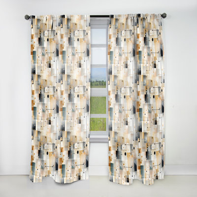 Beige And Blue Tiles Symmetry I - Abstract Curtain - Velvet Room Darkening - 1 Panel