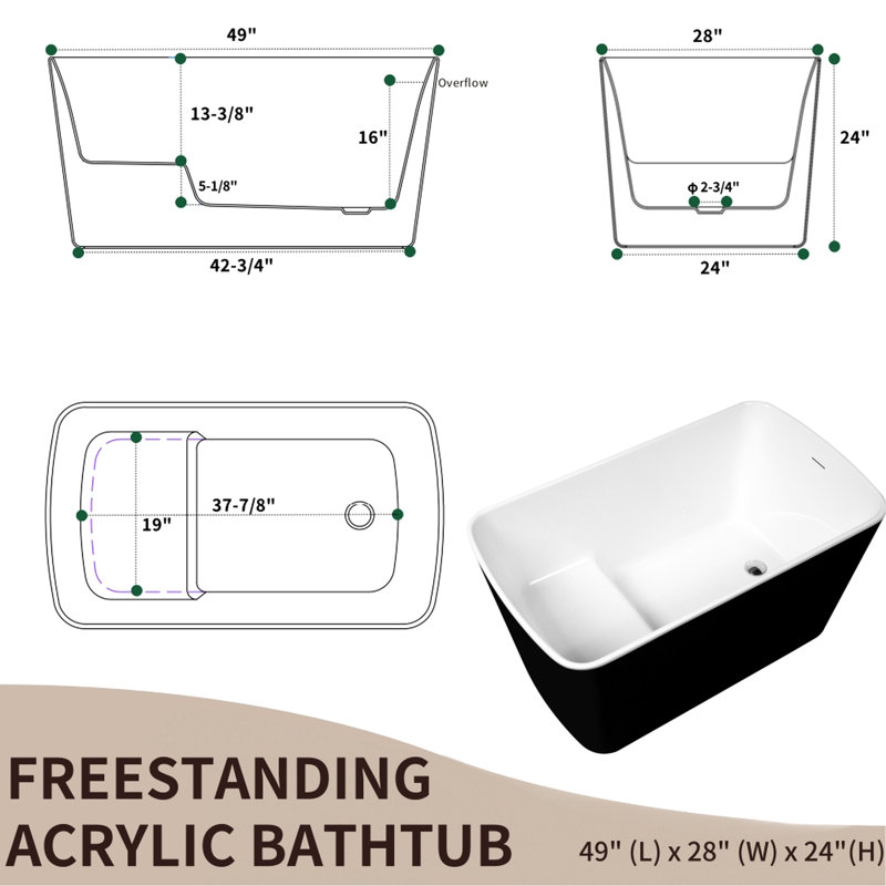 49'' Freestanding Acrylic Bathtub With Square Shape And Overflow, Glossy Black, , - Scratch Material, Comfortable Seating For Relax Japanese Soaking Hot Tub, X 28'' Freestanding, Hassle Installation