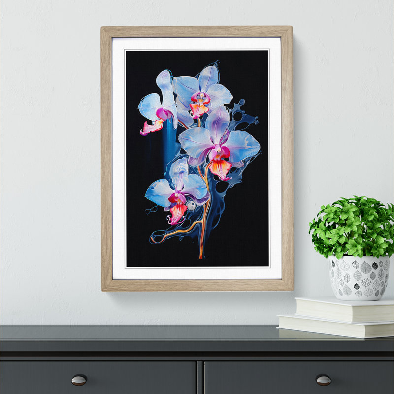 Orchid Flower Gestural No.3 - Single Picture Frame Print on Wood, 34cm H x 25cm W x 2cm D, Oak