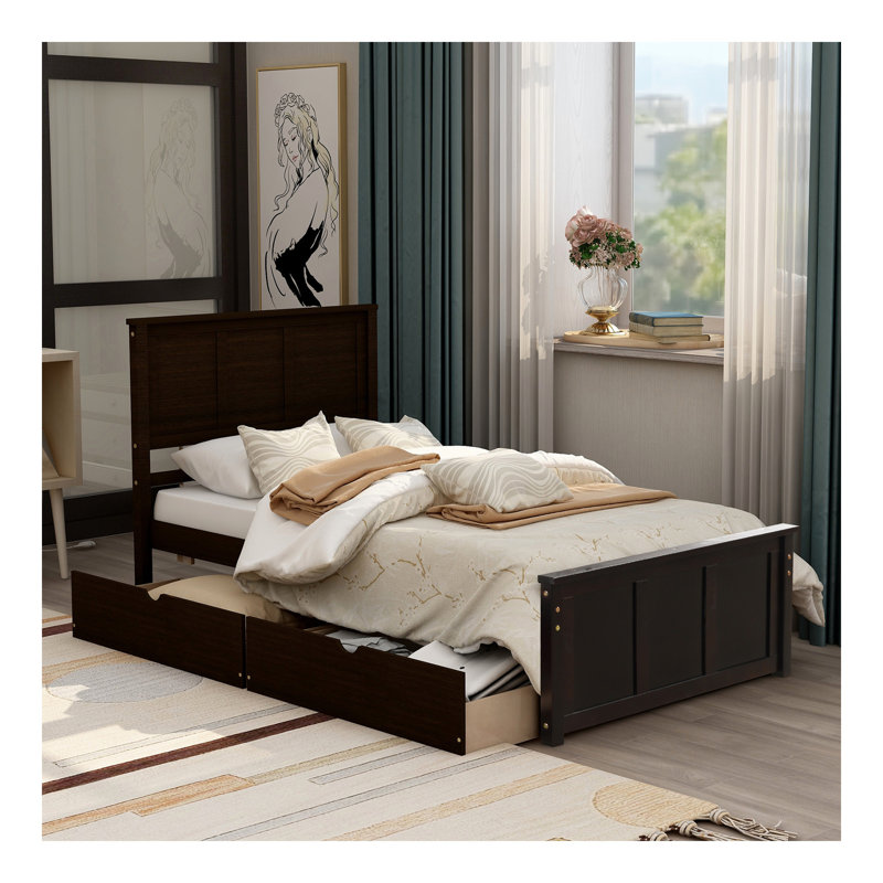 Lit plateforme avec rangement, 2 tiroirs avec roulettes, structure simple, espresso