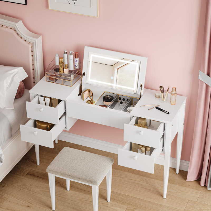 Coiffeuse à plateau rabattable avec miroir et coiffeuse à maquillage, Blanc