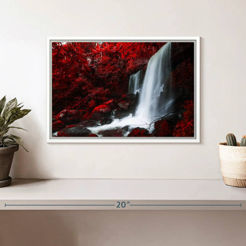 Chute d'eau rouge d'automne, Cadre flottant blanc, 13 po x 9 po