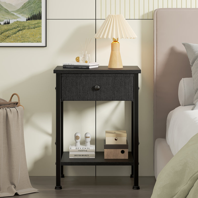 Fabric Drawer Nightstand With Open Shelf, Small Bedside Table For Bedroom, Living Room Or Dorm, Black