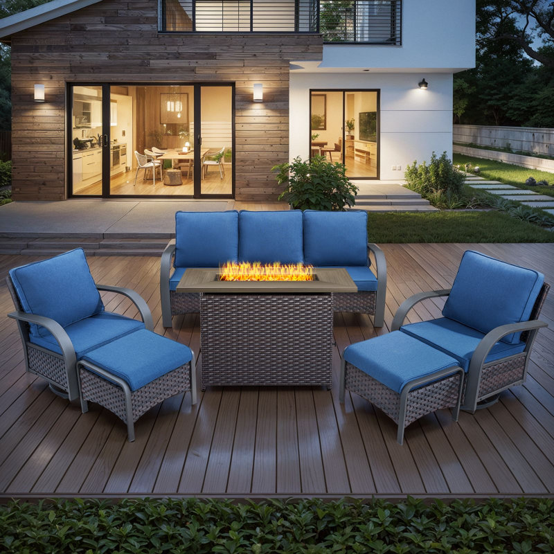 Wyland Industrial Style Outdoor Fire Pit Set - 2 Swivel Glider Chairs, 3-Seat Sofa, 41" Propane Gas Fire Pit, 2 Ottomans With Weather-Resistant Cusions