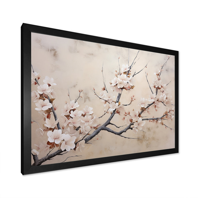 Fleurs de cerisier gris et blanc minimalistes, H 16 po x l 32 po x P 1 po, Cadre simple noir