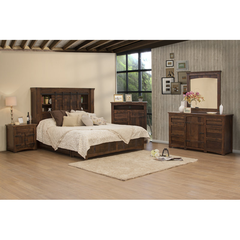 Mezcal Pine Solid Wood Bookcase Bed with Drawers and Shelves, Queen