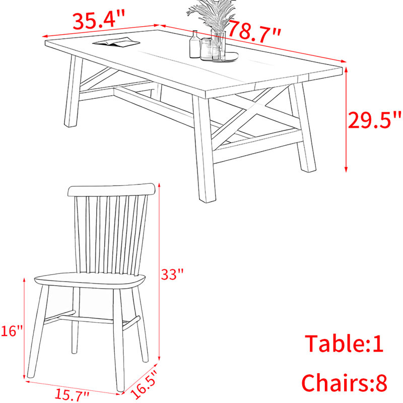 Ensemble de table à manger moderne et simple en bois massif, H 29,5 po x L 78,7 po x l 35,4 po