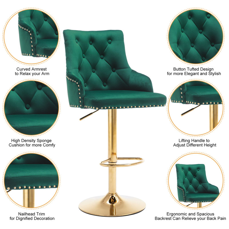 Darnella Height Adjustable Swivel Bar Stool, Green Velvet