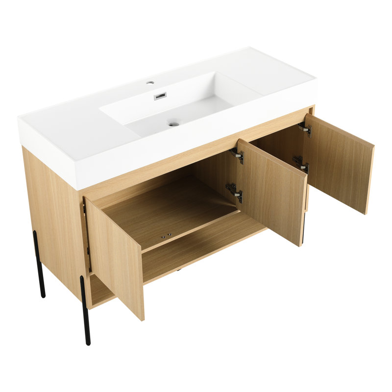 Meuble-lavabo 48 po avec lavabo simple en résine et armoire moderne à 3 portes en chêne - construction solide, assemblage facile, baignoire 48 po, lavabo, chêne, bois massif multicouche pour un élément attrayant contemporain