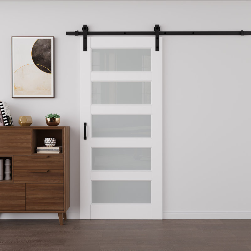 Porte coulissante de style grange, 5 carreaux, verre trempé dépoli, apprêt blanc, 80 po H x 36 po L, avec trousse de quincaillerie d'installation et fermeture amortie. Aucun assemblage requis.