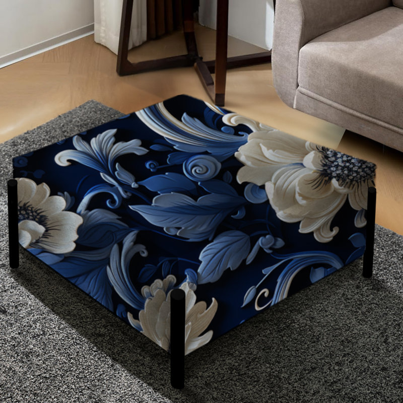 Cobalt Blue Lacework Scrolls Victorian Pattern - Floral Large Square Ottoman