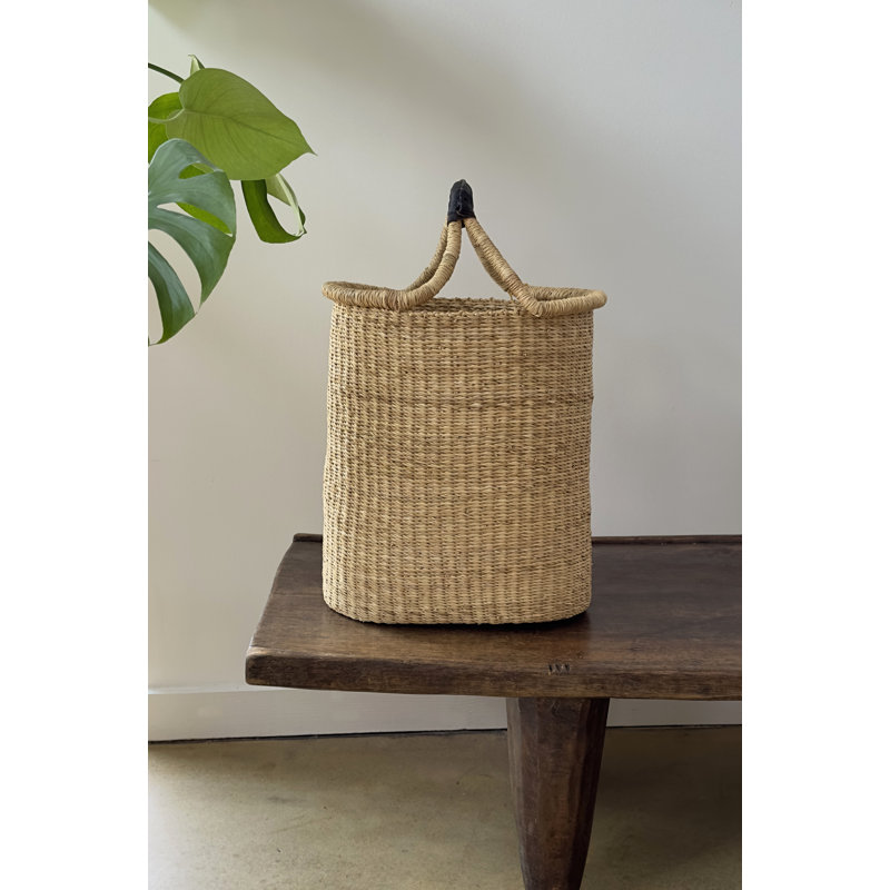 Handwoven Double Weave Pot Basket with Leather Handle