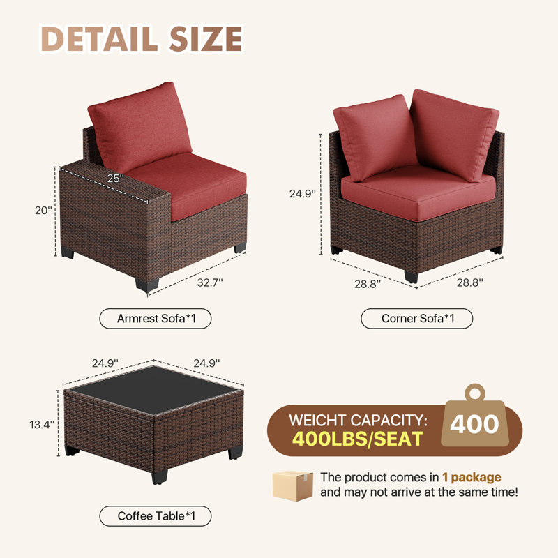2 -Person Rattan Patio Safo With Cushions, Red, Brown