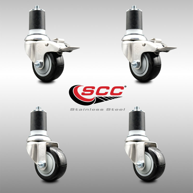 3.5 Inch_316SS_Polyurethane Swivel 1-3/4 Inch_Stem Caster Set 2 Lock Brake, Black