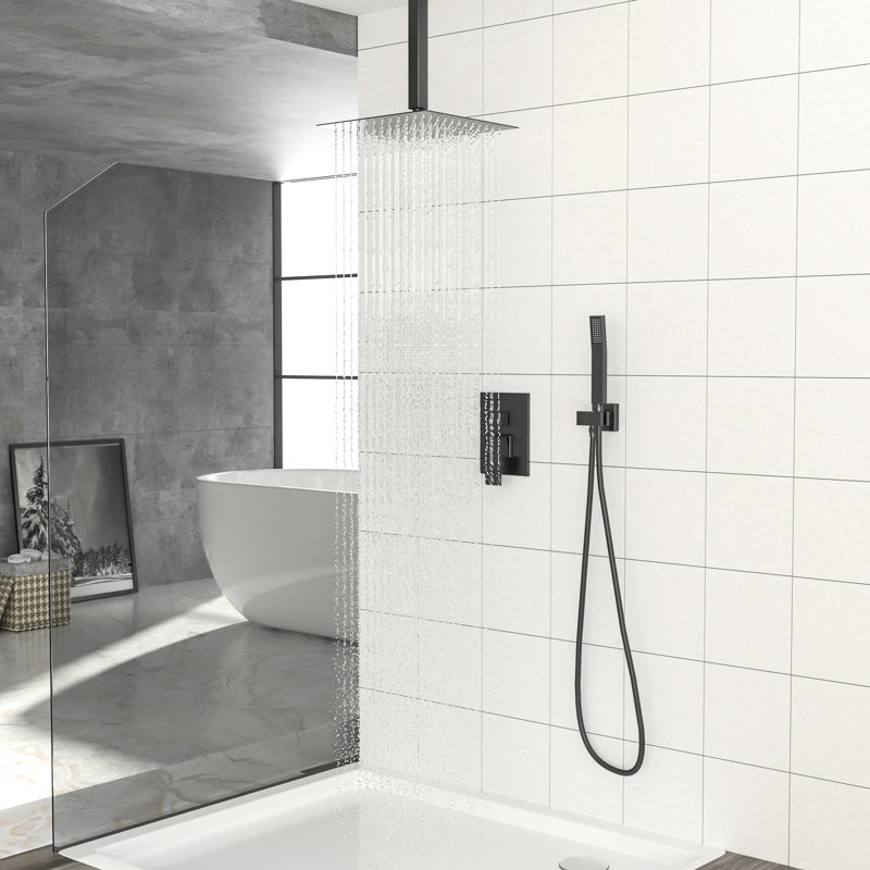 Douche carrée de 10 pouces à fixation au plafond avec deux têtes, finition noire matte, soupape équilibrée, pluie réglable à 360 ° et échaudage facile à nettoyer, toutes les pièces nécessaires