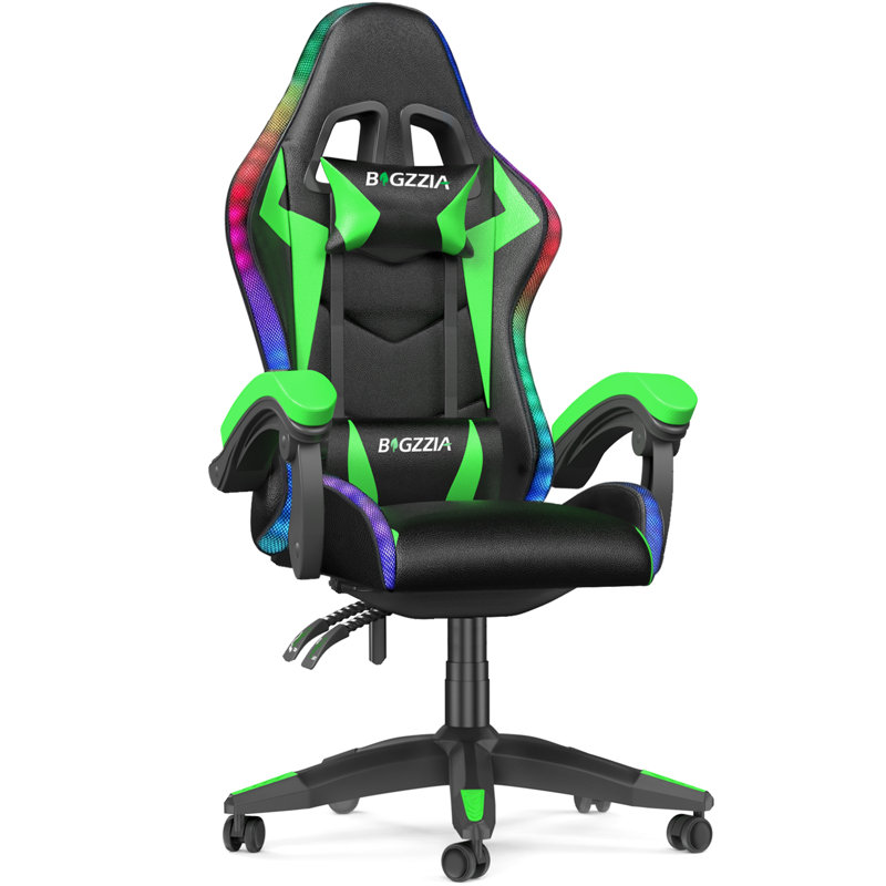 Reclining Gaming Chair with LED Lights and Headrest, Black/Green