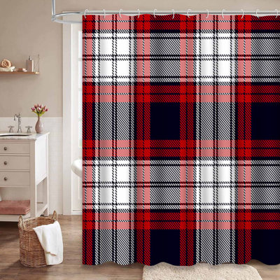 Red White Blue Tartan Plaid Navy Shower Curtain with 12 Hooks