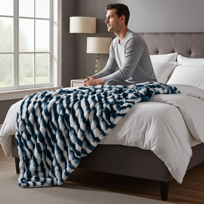 Snow Chinchilla Knitted Throw Blanket, Navy, 102" W x 116" L
