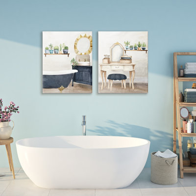 Ensemble de toiles intérieures bleues pour salle de bain 2 pièces, design par Kim Allen